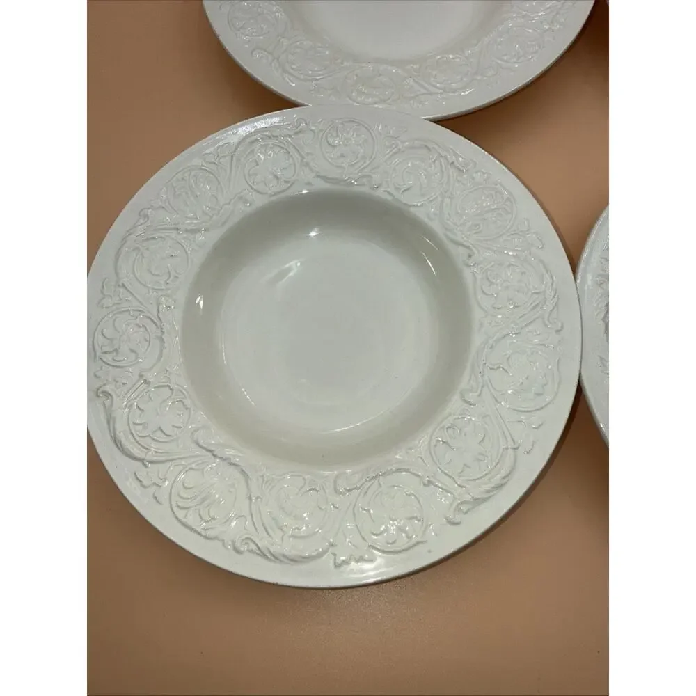Wedgwood Patrician Rimmed Flat Soup Bowls Ivory Embossed Floral Pattern Set of 4